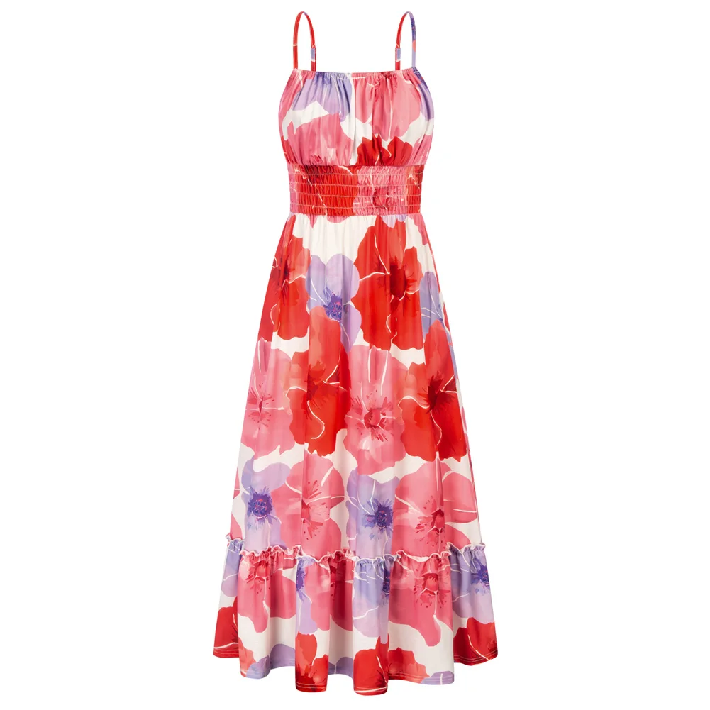 GRACE KARIN Mulheres Verão Maxi Cami Vestido Spaghetti Correias Ruched Corpete Smocked Vestido De Cintura Pliado A Linha Praia Vestido Longo A30