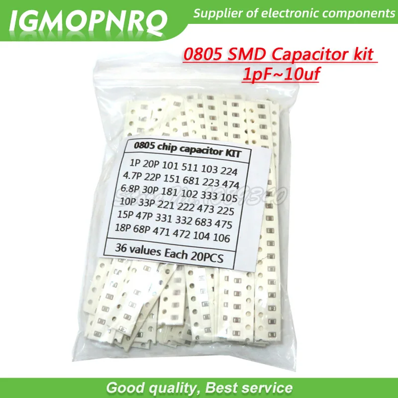 36 wartości każdy 20 sztuk = 720 sztuk 0805 kondensator smd wybrane elementy 1pF ~ 10uF składnik diy zestaw próbek 1PF 4.7PF 1NF 2.2NF 3.3NF 1UF 10UF