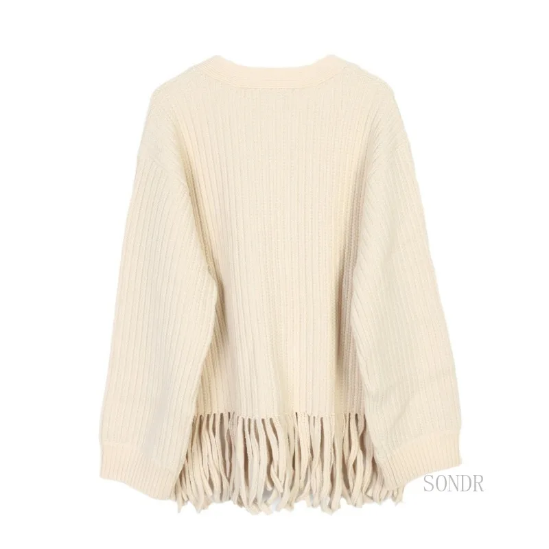 Beige Knitted Cardigan with Tassel Edge 2024 Autumn V-neck Long Cardigan Women Fringed Hem Thick Knitting Cardigan Mujer