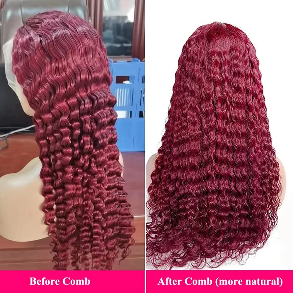 13x6 99j Burgundy Lace Front Wigs Human Hair Deep Wave 250 Density Transparent Frontal Wigs Pre Plucked Red Curly Wigs for Women image 5