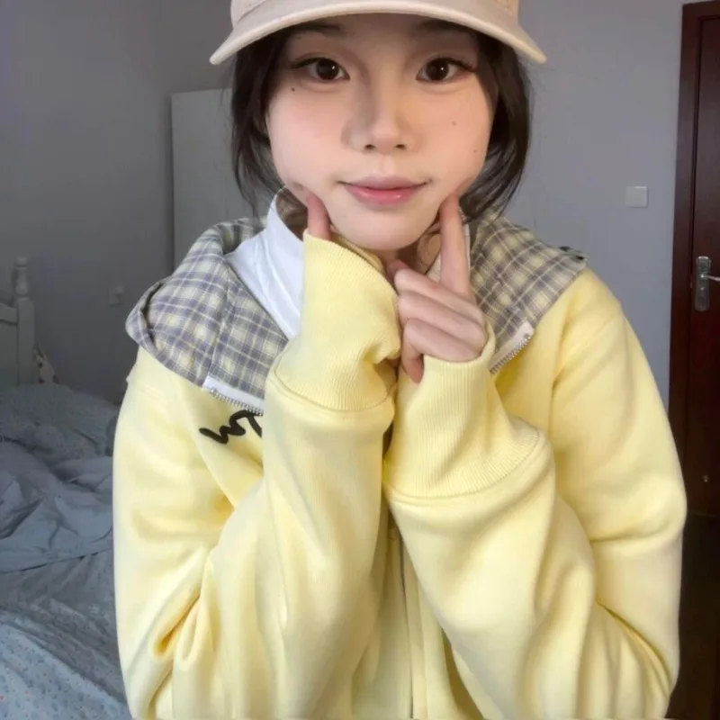 American Retro Yellow Checkered Hoodies Women Spring Autumn New Zipper Hooded Sweatshirt Versatile Age Reducing Short Top Jacket
