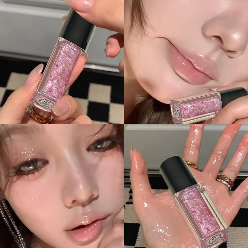 Pink Shine Glitter Lip Gloss Fine Sparking Shimmer Mirror Lip Glaze Plumping Moisturizing Waterproof Jelly Clear Lip Tint Makeup