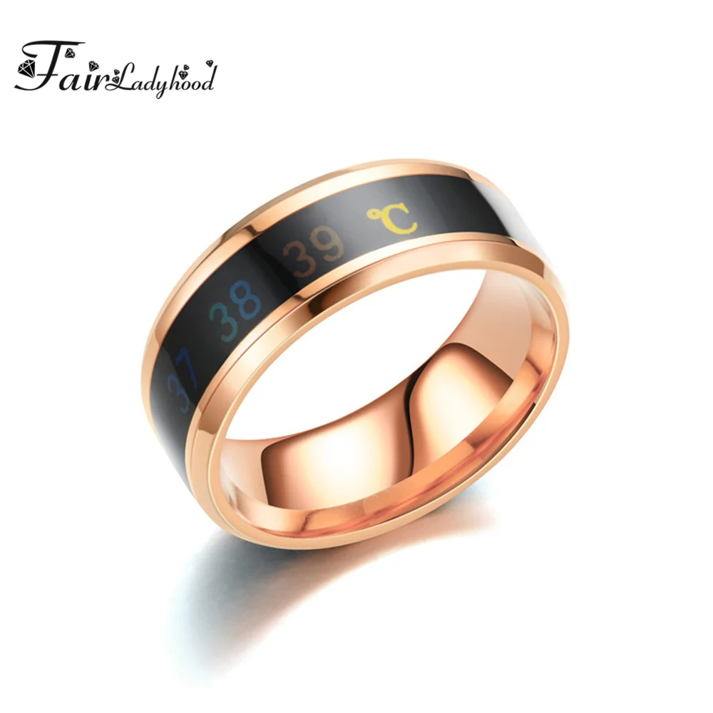 FairLadyHood Black Silver Color Gold Rose Blue Color Intelligent Thermometer Temperature Men Women 316L Stainless Steel Couple