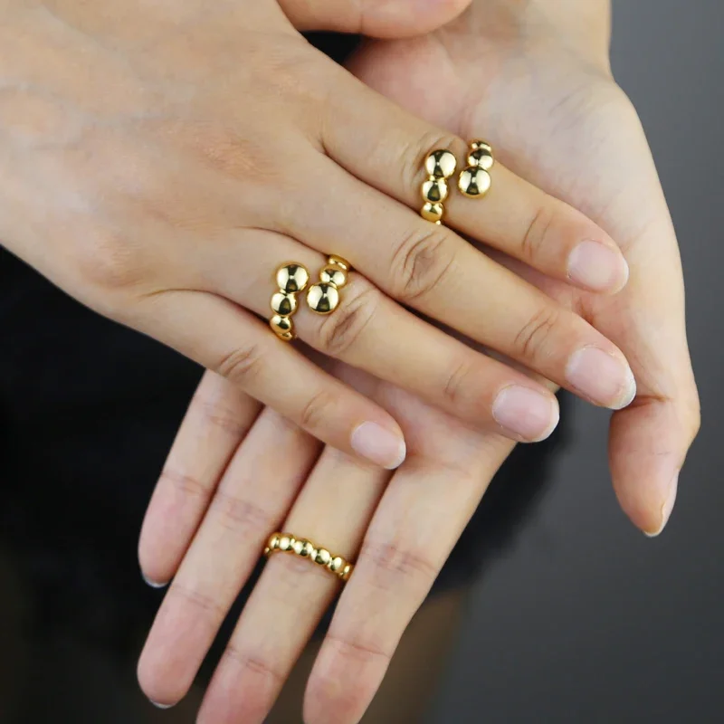 Simple Geometric Fashion Finger Jewelry Gold Color Open Adjusted Round Ball Band Rings