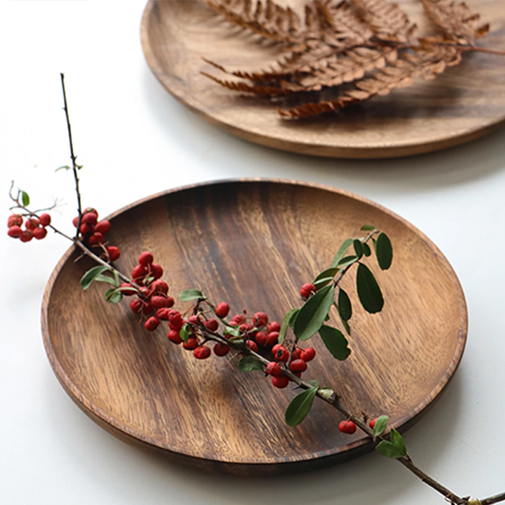 

Natural Wooden Round Fruit Plate Acacia Food Serving Tray Dessert Snack Saucer 12cm Home Dining Decorative Platter
