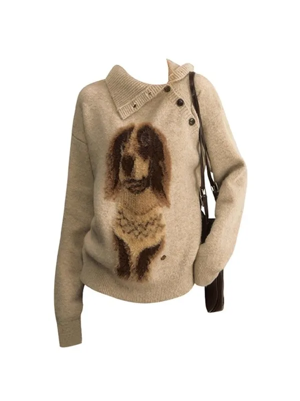 Chic Khaki Dog Collar Pullover Knitted Sweater Women's Autumn Winter Loose Lazy Sle Outerwear Fem Faion Casual Top