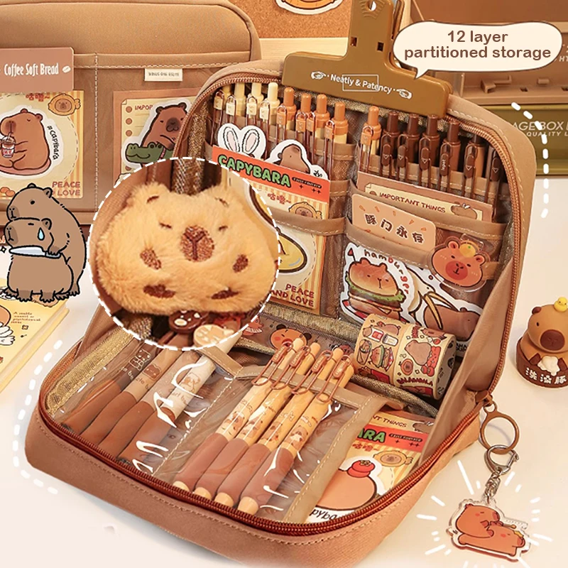 Grande capacidade kawaii capivara multi camadas saco de papelaria dos desenhos animados bonito lápis caso simples saco cosmético escola material de escritório