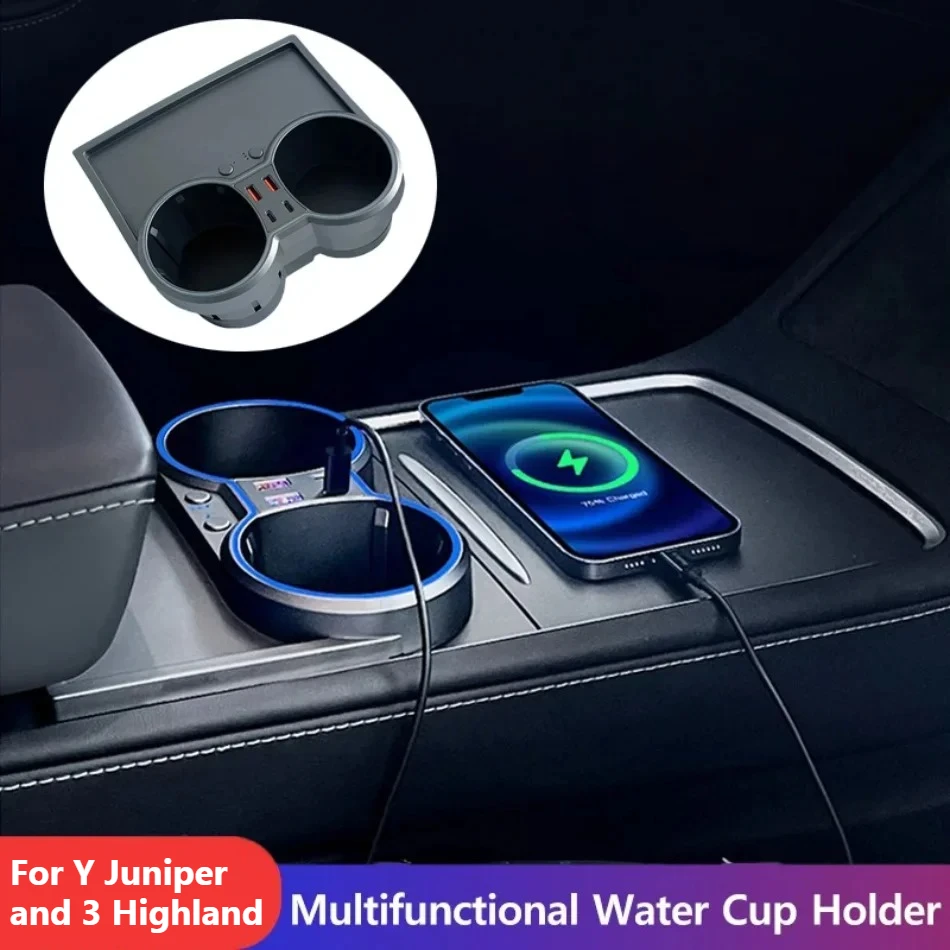 Center Console Cup Holder For Tesla Model 3 Highland Model Y Juniper Fast Charger 45W Fragrance Atmosphere Light Expansion Dock