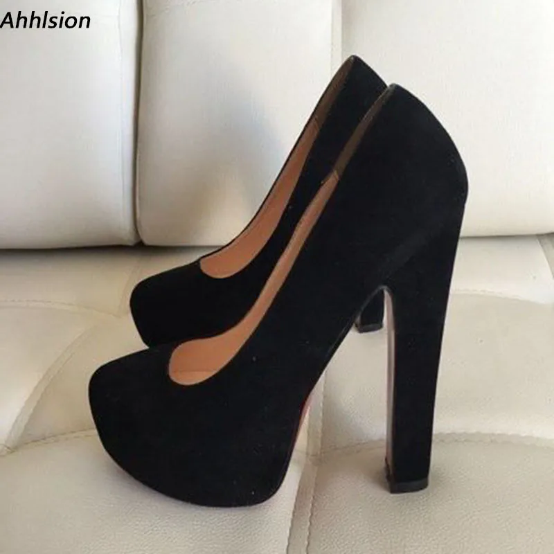 

Ahhlsion Женские весенние туфли-лодочки на массивном высоком каблуке из искусственной замши с круглым носком без шнуровки Элегантные черные туфли для вечеринок Женские размеры США 5-20