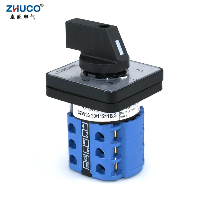 ZHUCO SZW26/LW26-20 Ui 660V 20A 1-2-3-4-5  3 Phase 12 Terminals 5 Position Changeover Selector Cam Switch 48X48 mm Panel Mount