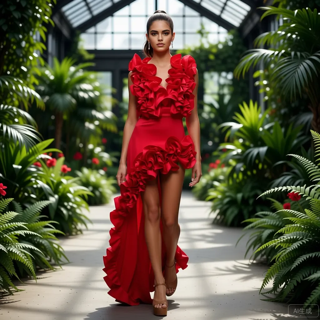 Czerwona satynowa sukienka z falbankami i wysokim rozcięciem emanuje elegancją i odważnością w tropikalnym środowisku. Modelka nosi ją z pewnością siebie.