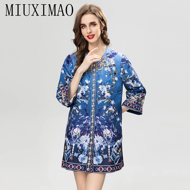 

MIUXIMAO 2023 Woman Clothing Long Sleeve Flower Diamonds Above Knee Blue Retro One Piece Dress women's Luxury Party Dress