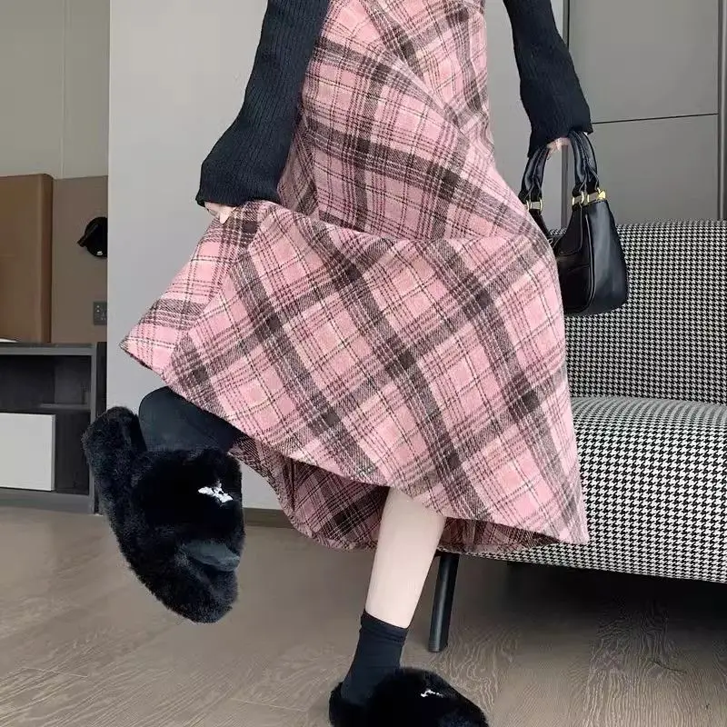 

Vintage Plaid Long Skirts Female Clothing High Waist Elastic 2024 Autumn Winter Fashion A-Line Bag Hip Commute Hotsweet Skirts