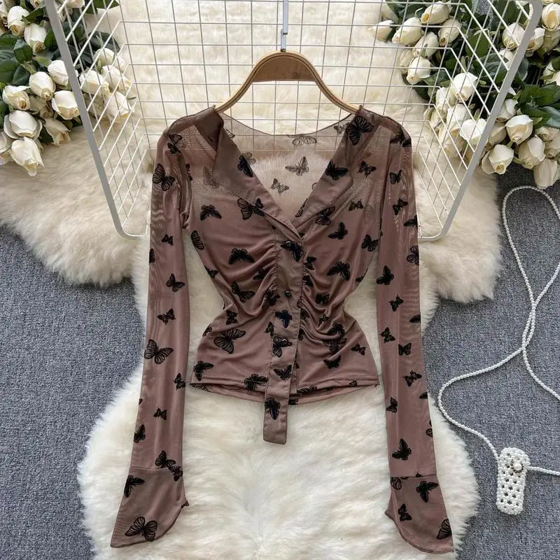 Shirts Women Sexy Butterfly-prints Summer Thin Retro New Trendy V-neck Design Simple Elegant Hotsweet Female Cropped Clothing