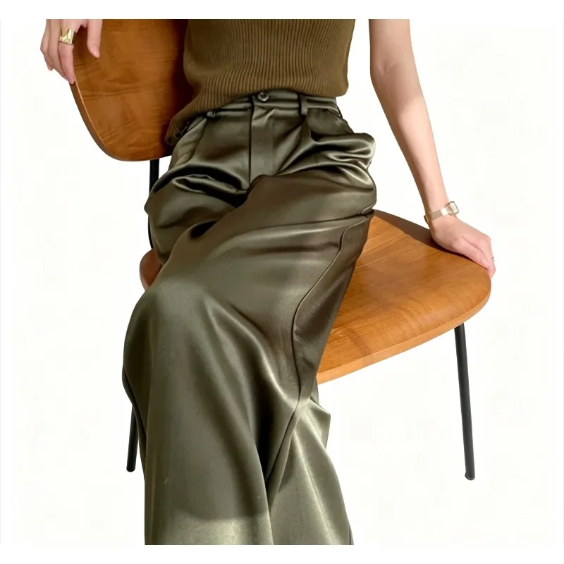 Summer Satin Wide Leg Pants Thin See-through Women Spring Office Straight Suit Trousers Baggy Elegant High Waist Straight Pants