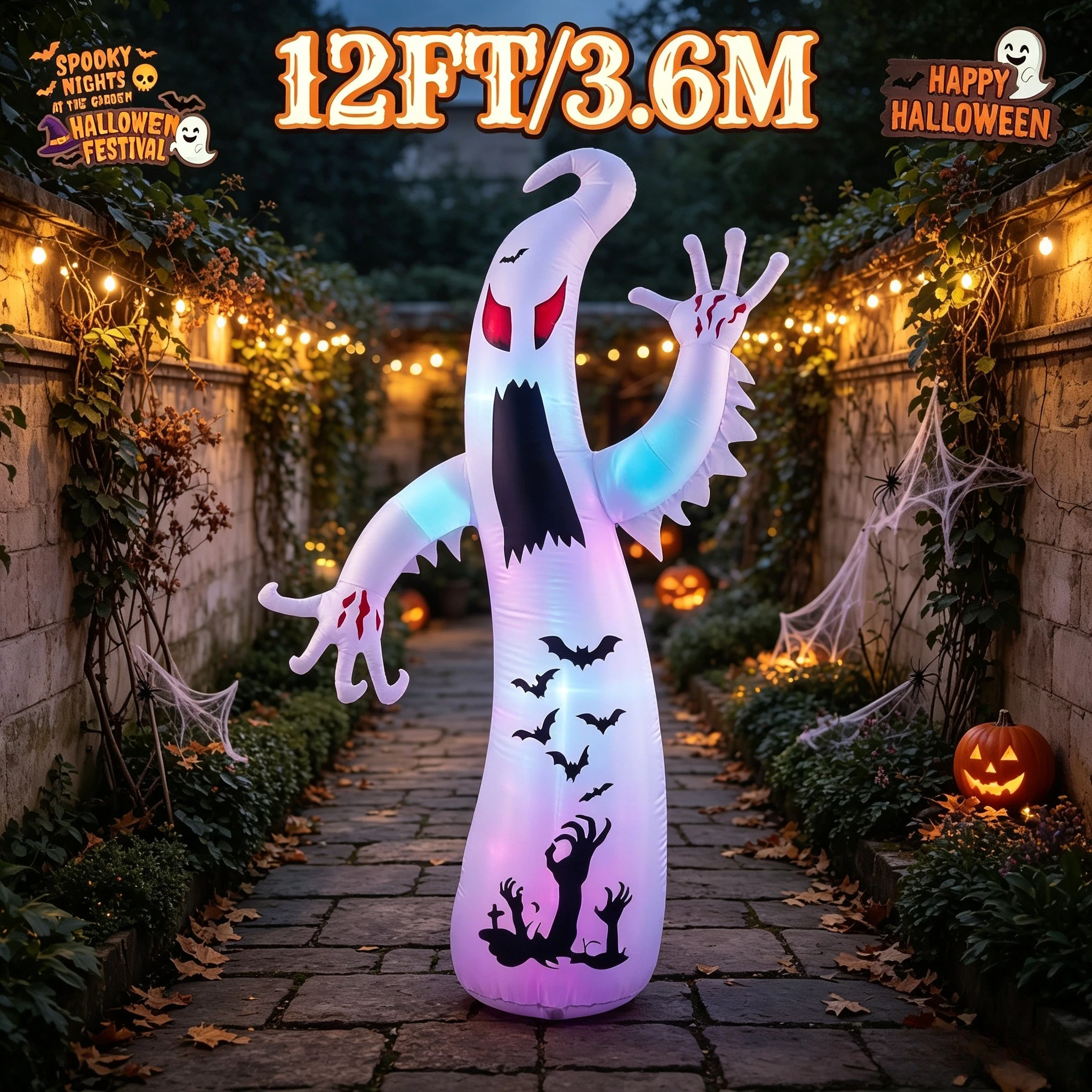 12FT Halloween Inflatables Outdoor Decorations, Multi Color LED Glowing Ghost Blow Up with Scary Red Eyes Welcome Entrance Decor