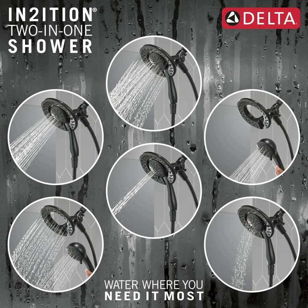 رأس دش مزدوج In2ition 2 في 1 مكون من 4 إعدادات مع رذاذ محمول، رأس دش قابل للفصل باللون الأسود غير اللامع مع خرطوم، رأس دش #5