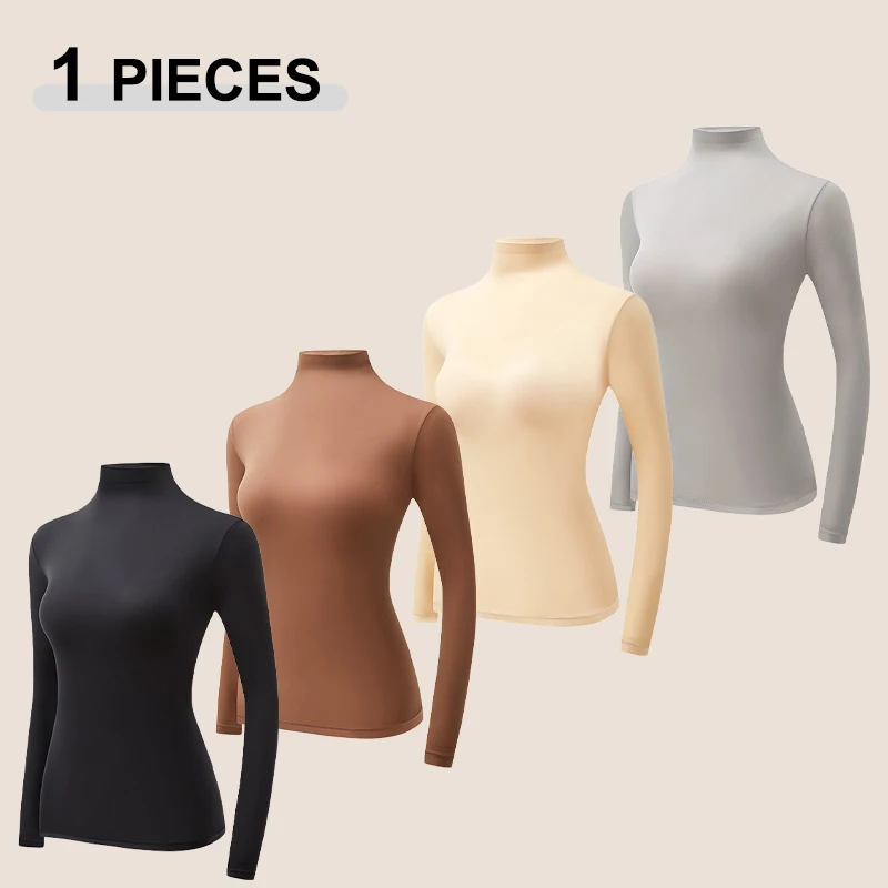 Women  Autumn Winter Ultra-thin Close-fitting Base Layer Top Solid Color Elastic Long Sleeve Beauty Skin Clothes Warm Base Shirt