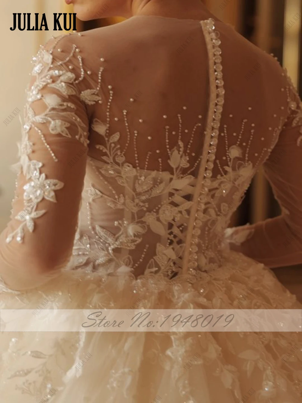 Julia Kui Glitter Tulle Beading Pearls Embroidery Lace Ball Gown Wedding Dresses Customize Full Sleeves Scoop Bridal Gowns