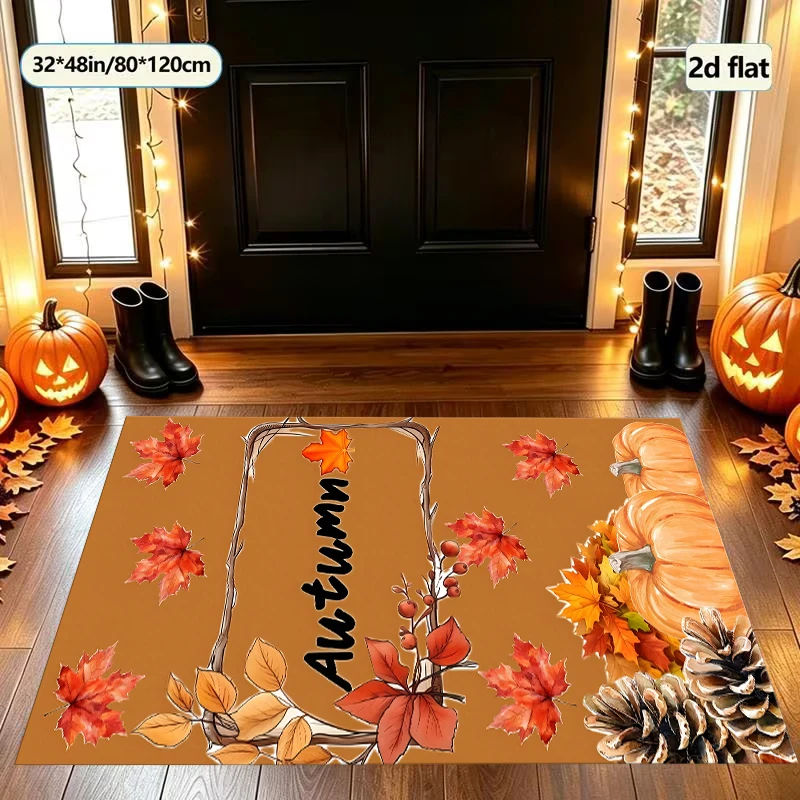 Autumn Maple Leaf Area Rug, Brown Base with Fall Leaves Print, Warm Seasonal Vibe for Entryway Living Room Autumn Decor