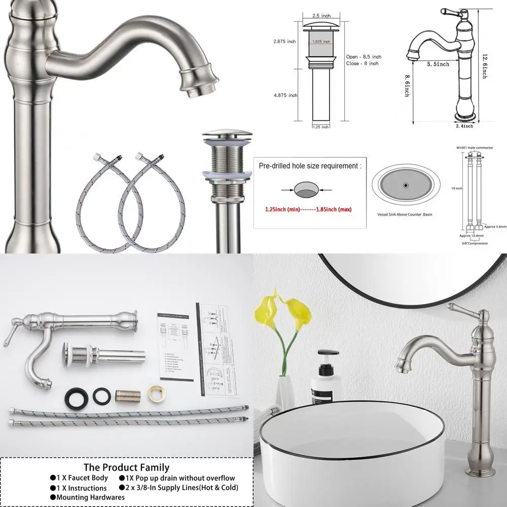 

Single Handle 360° Swivel Vessel Sink Faucet with Pop-Up Drain, Brushed Nickel Finish