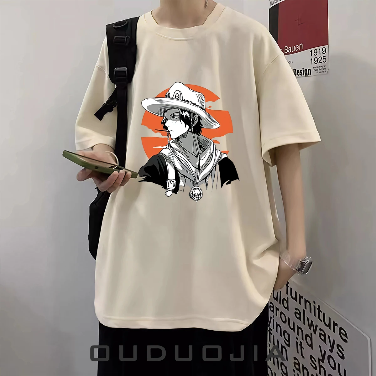 قطعة واحدة Ace تي شيرت الرجال قصيرة الأكمام القطن الثقيل الرسوم المتحركة الصيف هونغ كونغ نمط فضفاض ومتعدد الاستخدامات الاتجاه نصف كم