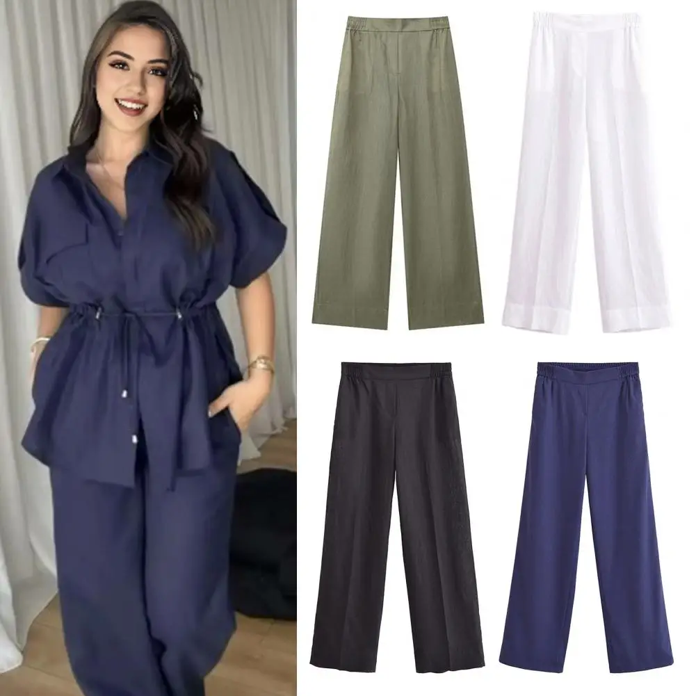 

Women Pants Stylish Women's Casual Work Pants with Elastic High Waist Pockets for Daily Wear Solid Color Straight Wide Leg