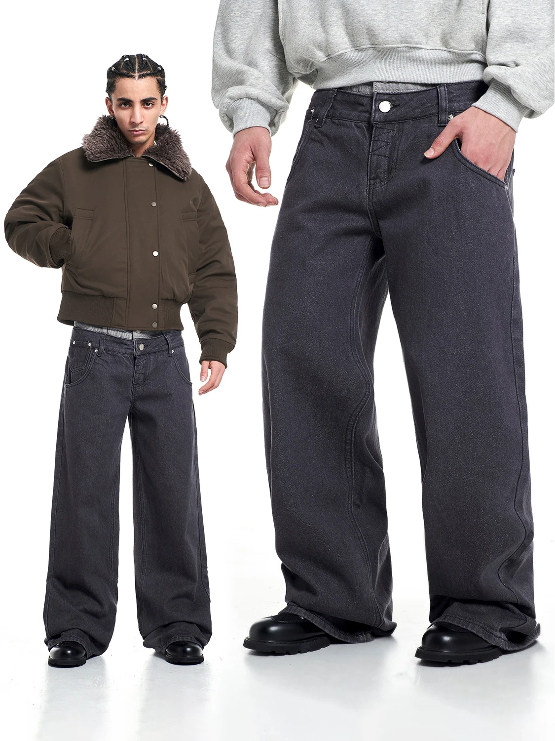 

American Retro Design False Two-Piece Jeans Straight Leg Wide Leg Double Waist Head Trendy Polyester Cotton Blend Jeans