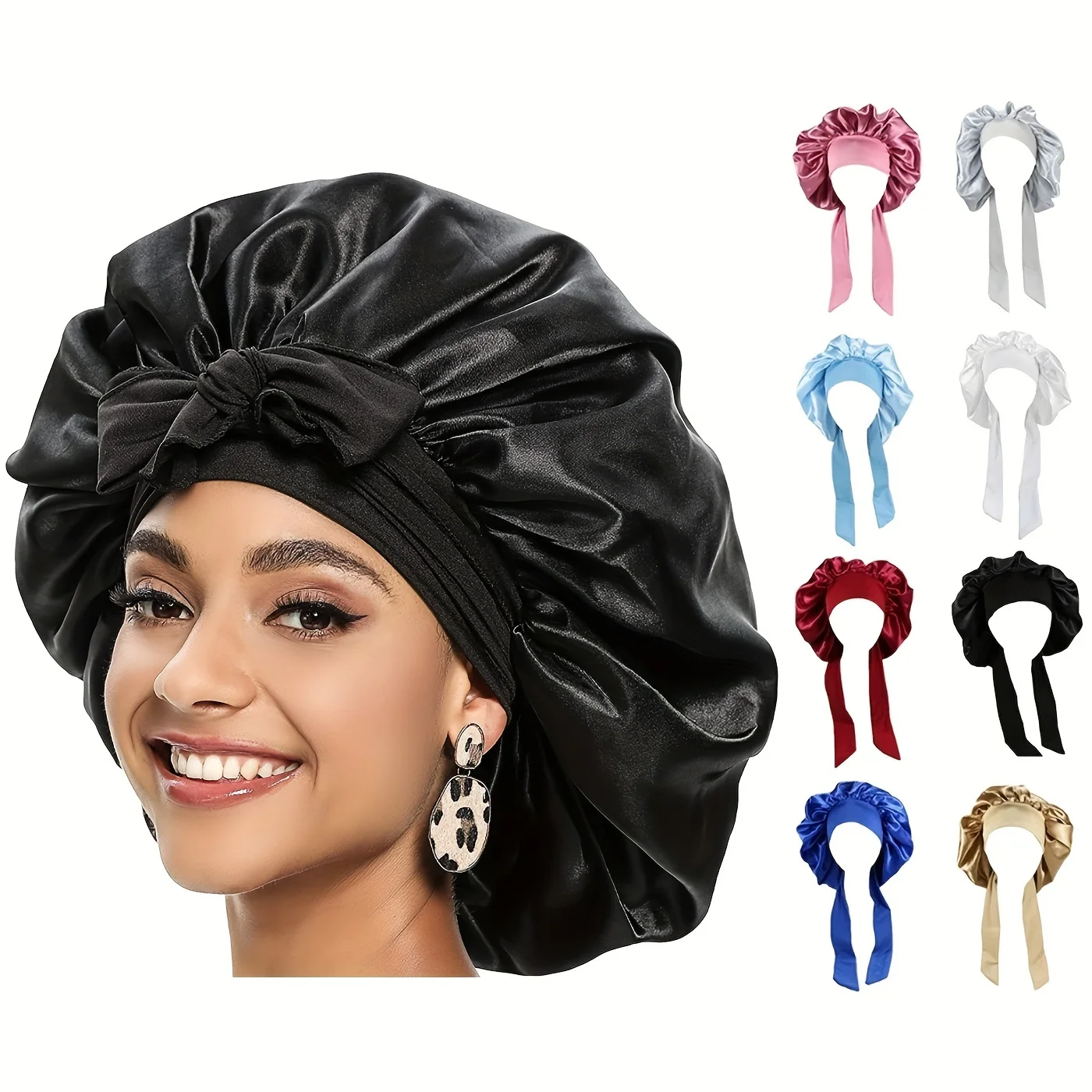 

1pc Imitation Silk Shower Caps, Bonnet Caps, For Women Night , Adjustable Bonnets Sleep Bonnet For Women Girls Night Bonnets For