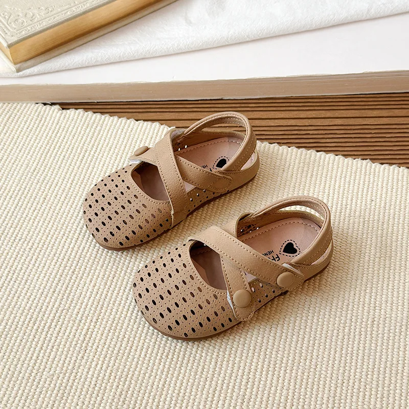 Kids Girls Hollow Breathable Mary Jane Flats Cross Button Strap Anti Slip Soft Sole Kids Summer School Princess Daily Shoes