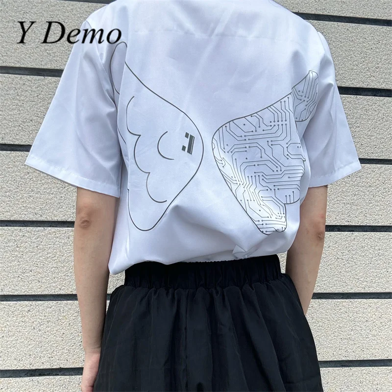 Y 데모 Techwear 날개 인쇄 여성 반팔 티셔츠 로봇 하트 화이트 싱글 브레스트 셔츠