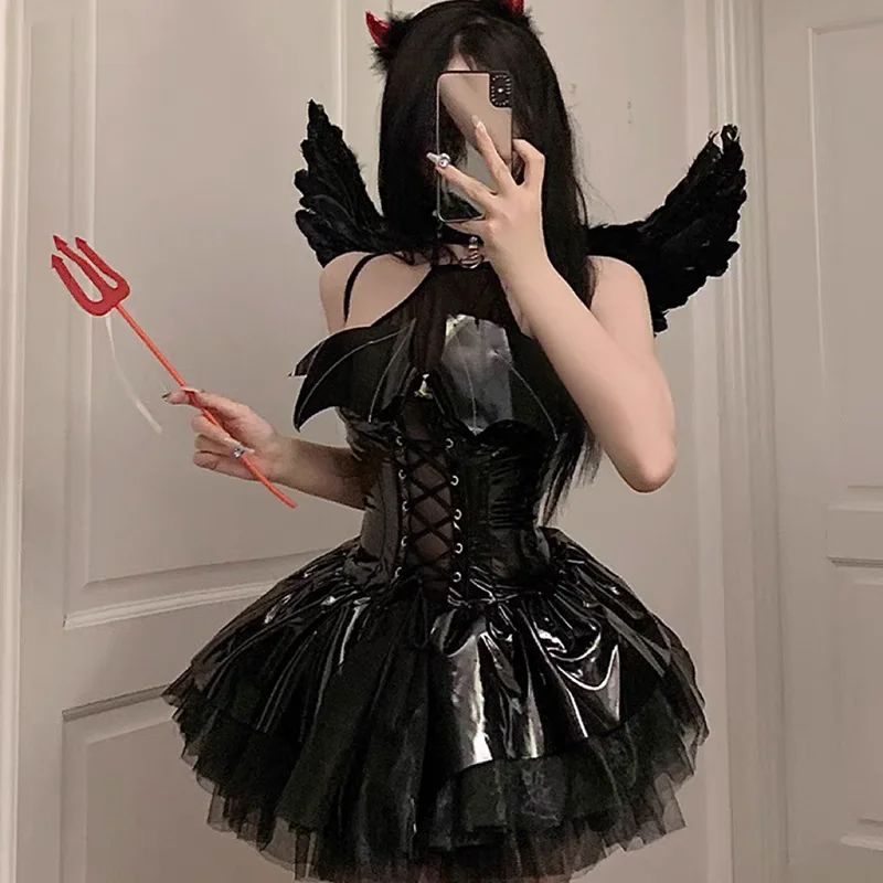 Women Leather Bodysuit Lolita Skirt Set Uniform Suit Sexy Maid Outfit Christmas Cosplay Costume Bat Imp Western IP Roleplay view 2
