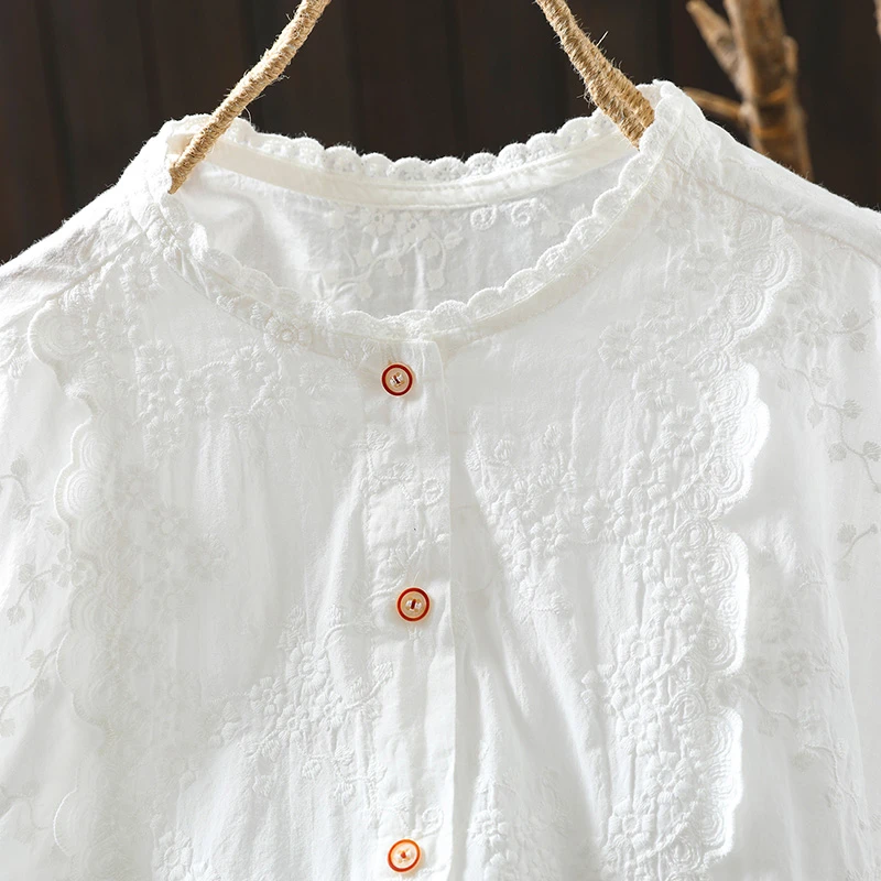 여성 긴팔 면 셔츠 신상 2025 가을 빈티지 스타일 스탠드 칼라 꽃 자수 여성 우아한 탑 셔츠 T757