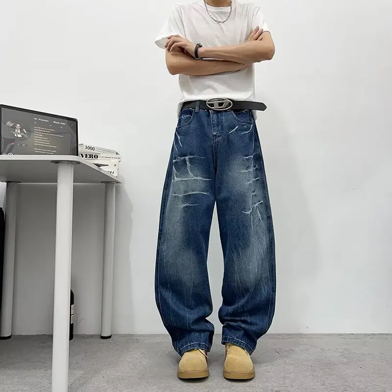 

American High Street Lightning Pattern Men's Jeans Casual Waed Wide Leg Loose Straight Cut Jeans Cleanfit Jeans Long Trousers