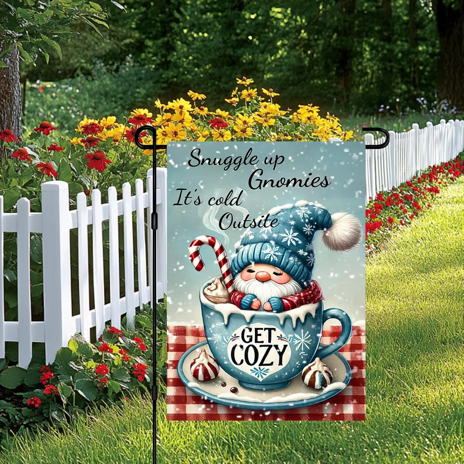 Winter Garden Flag 12x18 Inch Gnome Cocoa Mug Yard Decor