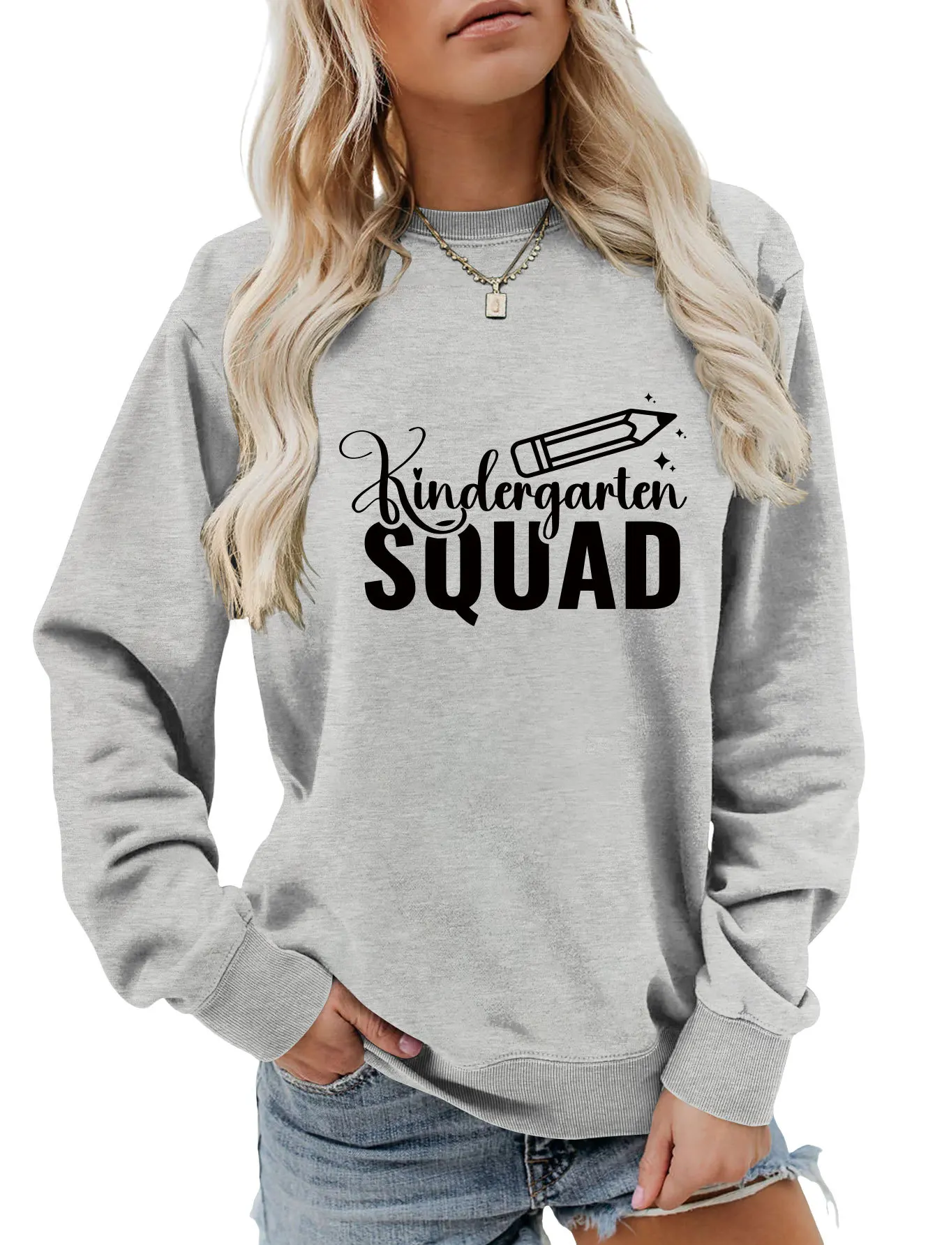 Autumn new round neck leisure kindergarten squsd printed hoodie loose fashion long-sleeved top with ladies pullover