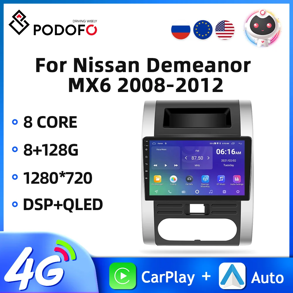 Podofo 2din Car Radio For Nissan Old Xtreme/Demeanor MX6 2008-2012 Android Multimedia Player GPS Navigation 4G Wireless Carplay