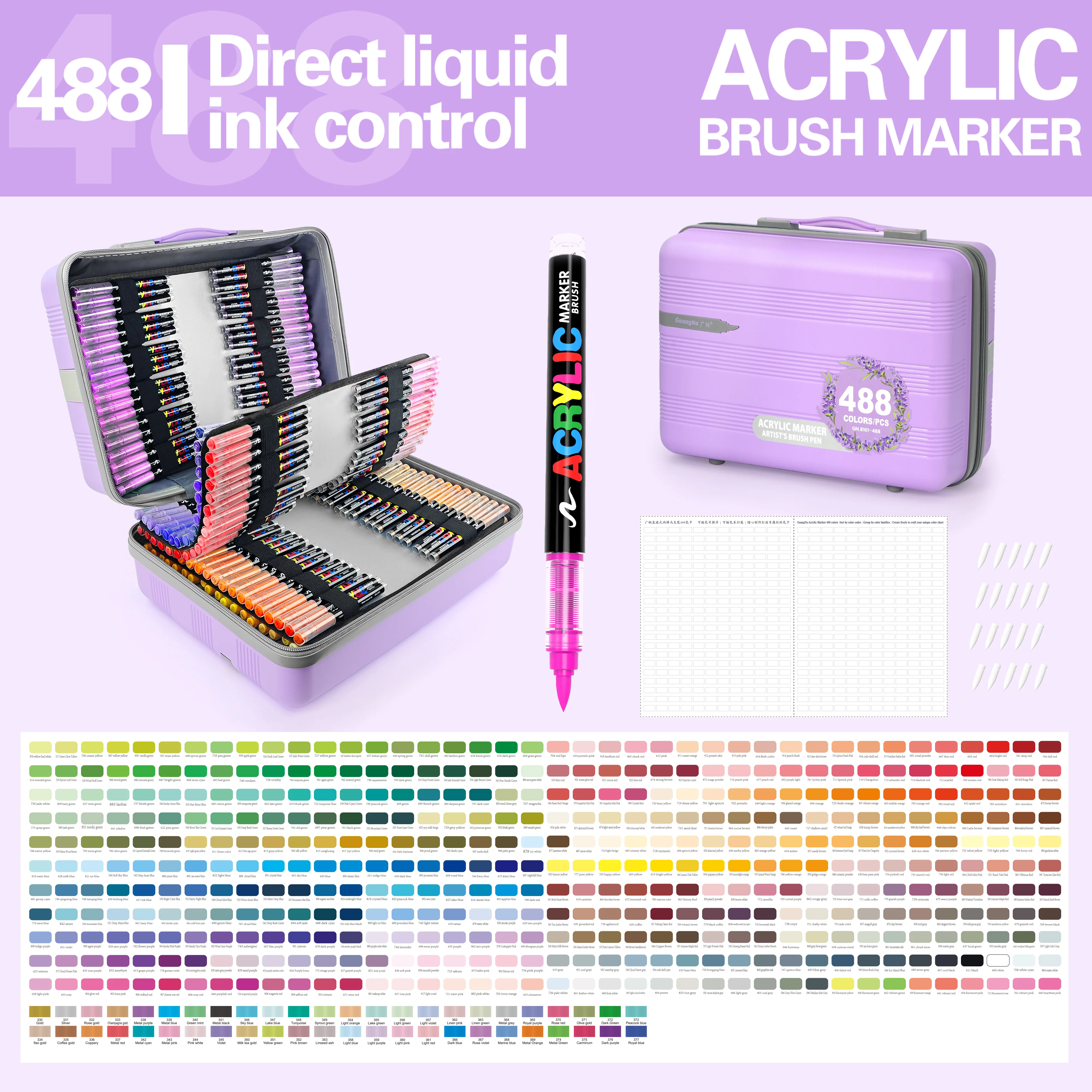 GUANGNA 488 Colors Acrylic Marker Pens Soft Brush Tip for Anime Drawing Handcraft Creative Art Works on Stone Glass Wood Gift