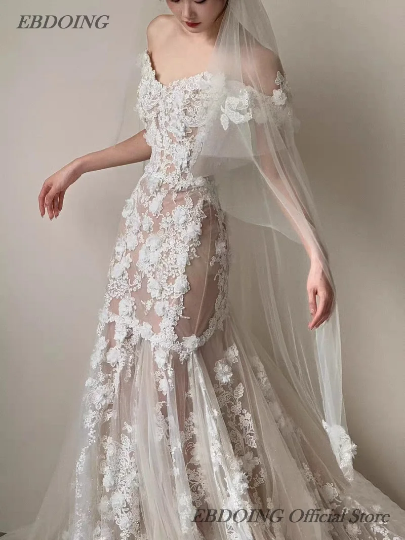 EBDOING Hochzeitskleid, Meerjungfrau, Spitze, herzförmiger Ausschnitt, Schnürung, Kapellenschleppe, individuelles Brautkleid