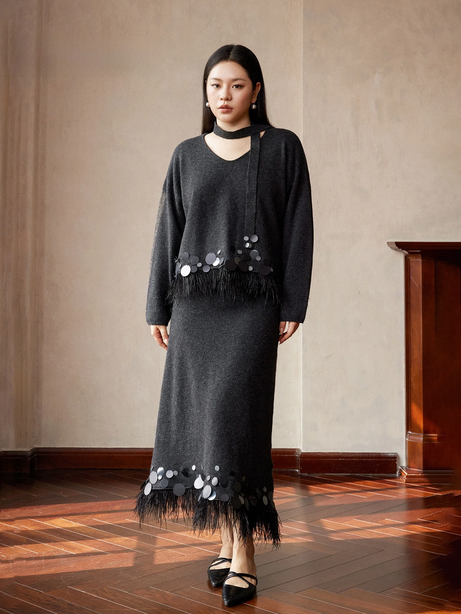 

Зимний вязаный комплект Plusmall: топ с V-образным вырезом и декоративной веревкой, прямая юбка-труба из плюшевой ткани, повседневный элегантный женский наряд больших размеров