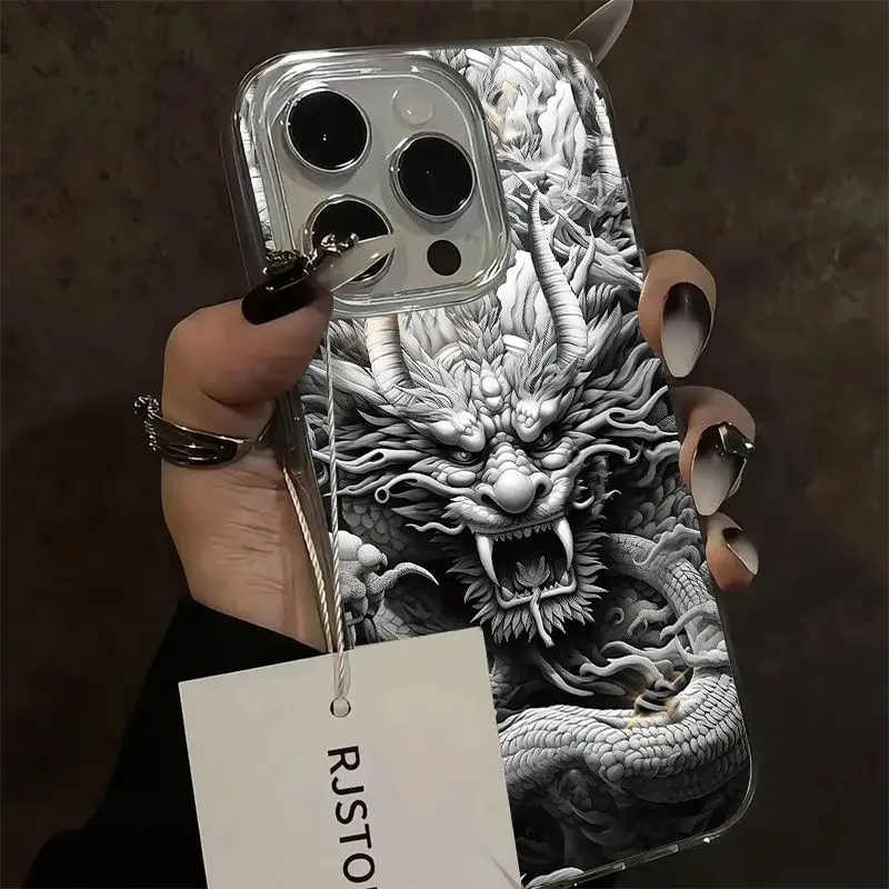 Luxury Dragon Roar Phone Cases for iPhone 16 ProMax Case 13 12 11 14 15 Pro XR XSMax 7 8 Plus Senior Feather Gauze Bumper Cover