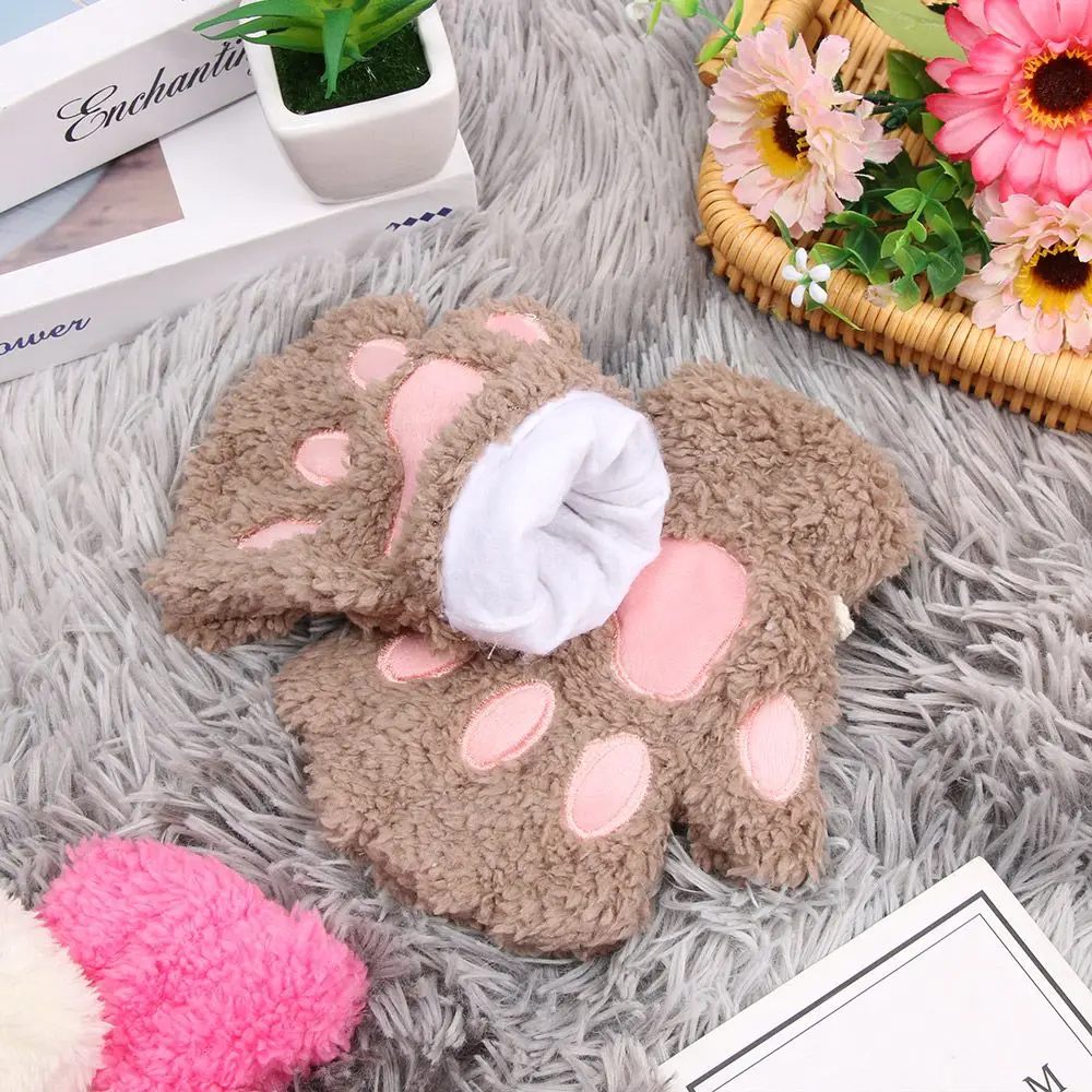 Lovely Fluffy Warm Plush Warm Children Gloves Mittens Fingerless Cat Paw