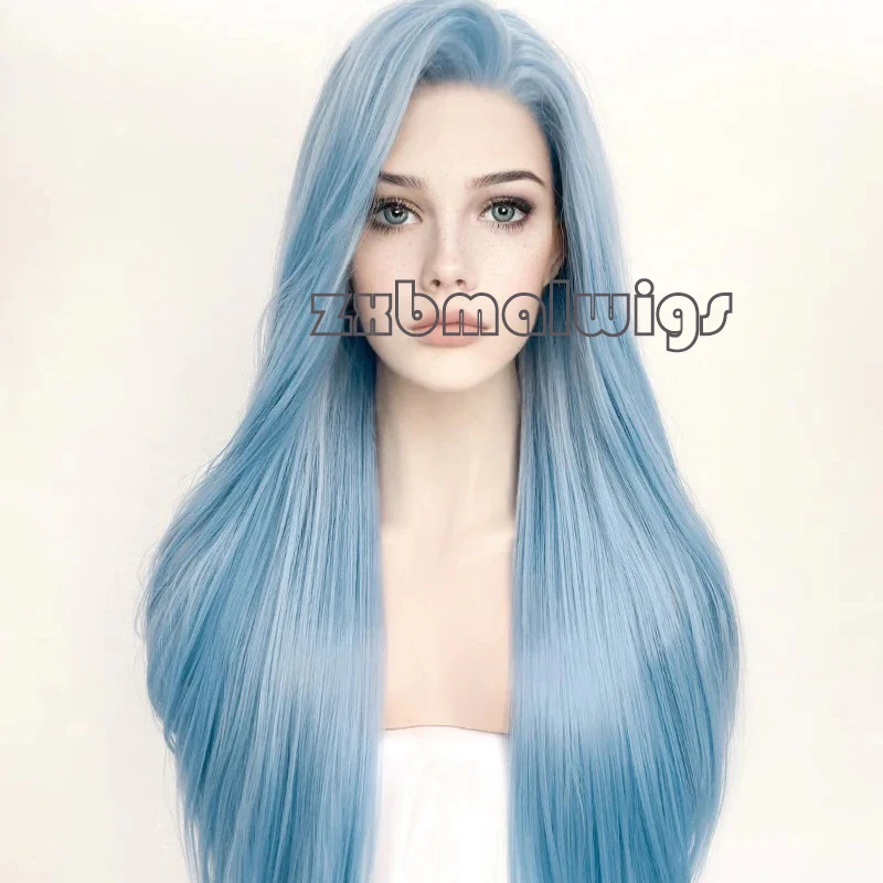 

ZXBMALWIGS Light Blue Women Synthetic Hair Wigs with Baby Hair Glueless Long Silky Straight 13x4 Lace Front Wigs