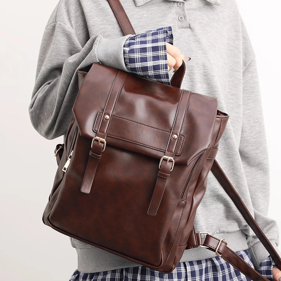 Soft Leather Flip Backpack For Girls Women/Man Cambridge Schoolbag Large Capacity For Commuting Daily Computer Laptop Rucksack
