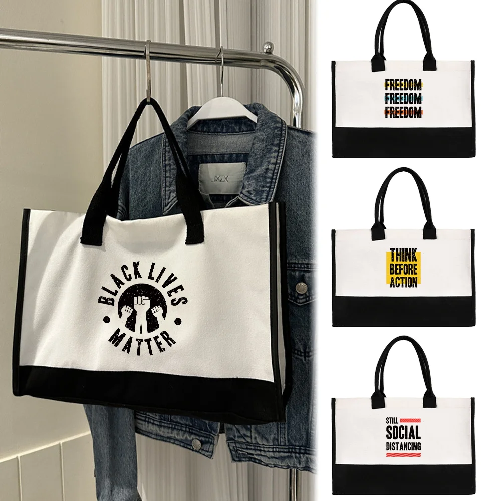 Women Minimal Two Tone Splicing Canvas Shoulder Tote Showcasing Word Print Stylish Handbag for Office Beach Shopping