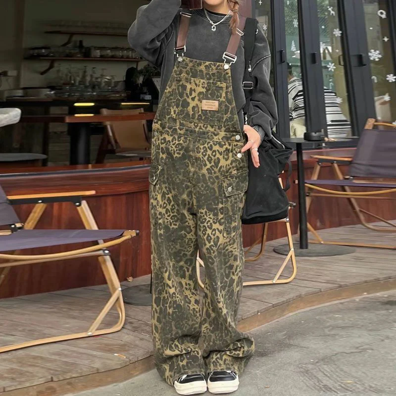 Meisjes chique hoge taille jumpsuit jeans dame vintage mode overalls broek vrouwelijke baggy luipaard wijde pijpen denim broek