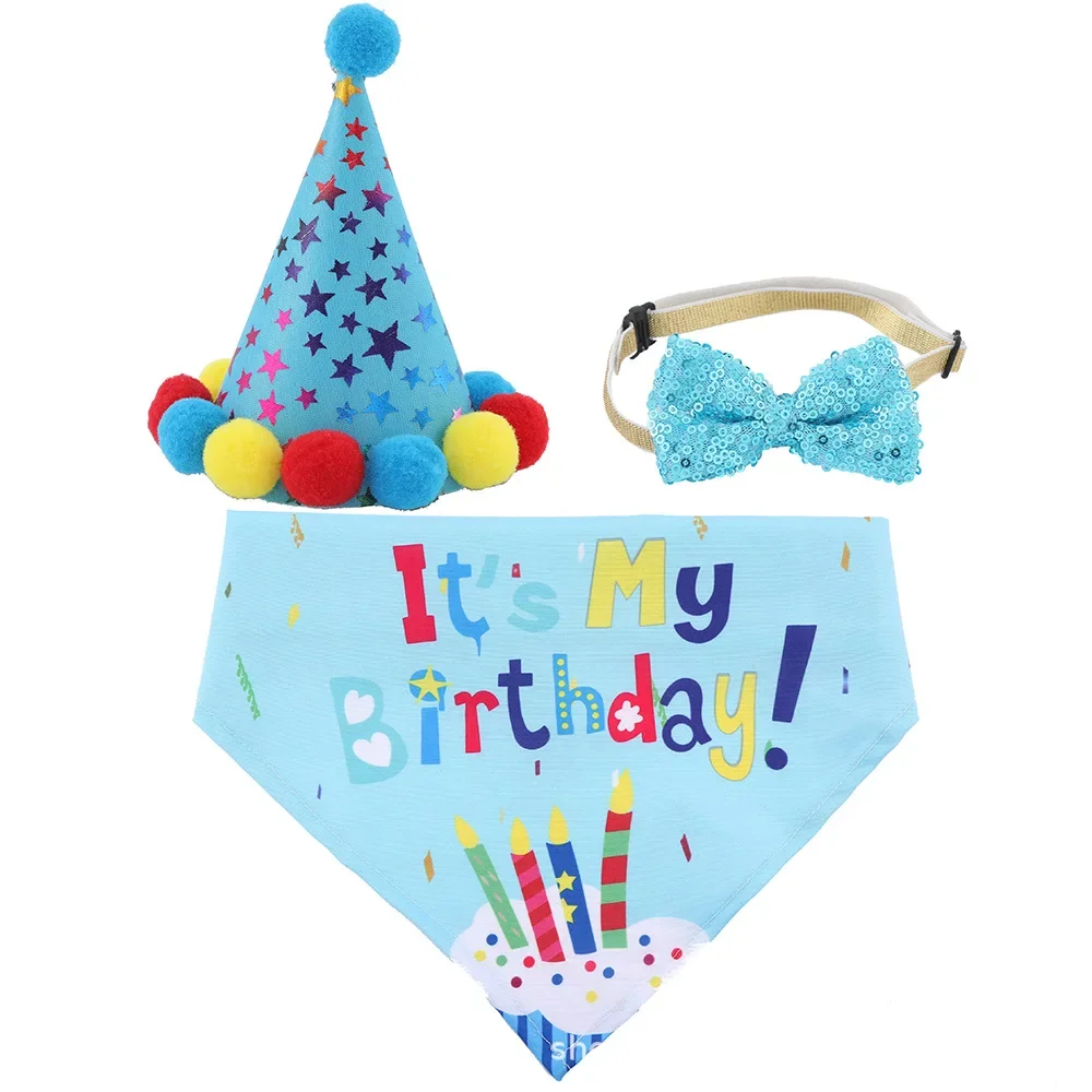 Cat and Dog Birthday Prop Dress Up Set New Pet Birthday Party Hairball Hat Water Scarf Decoration Pet Birthday Supplies 3pcs