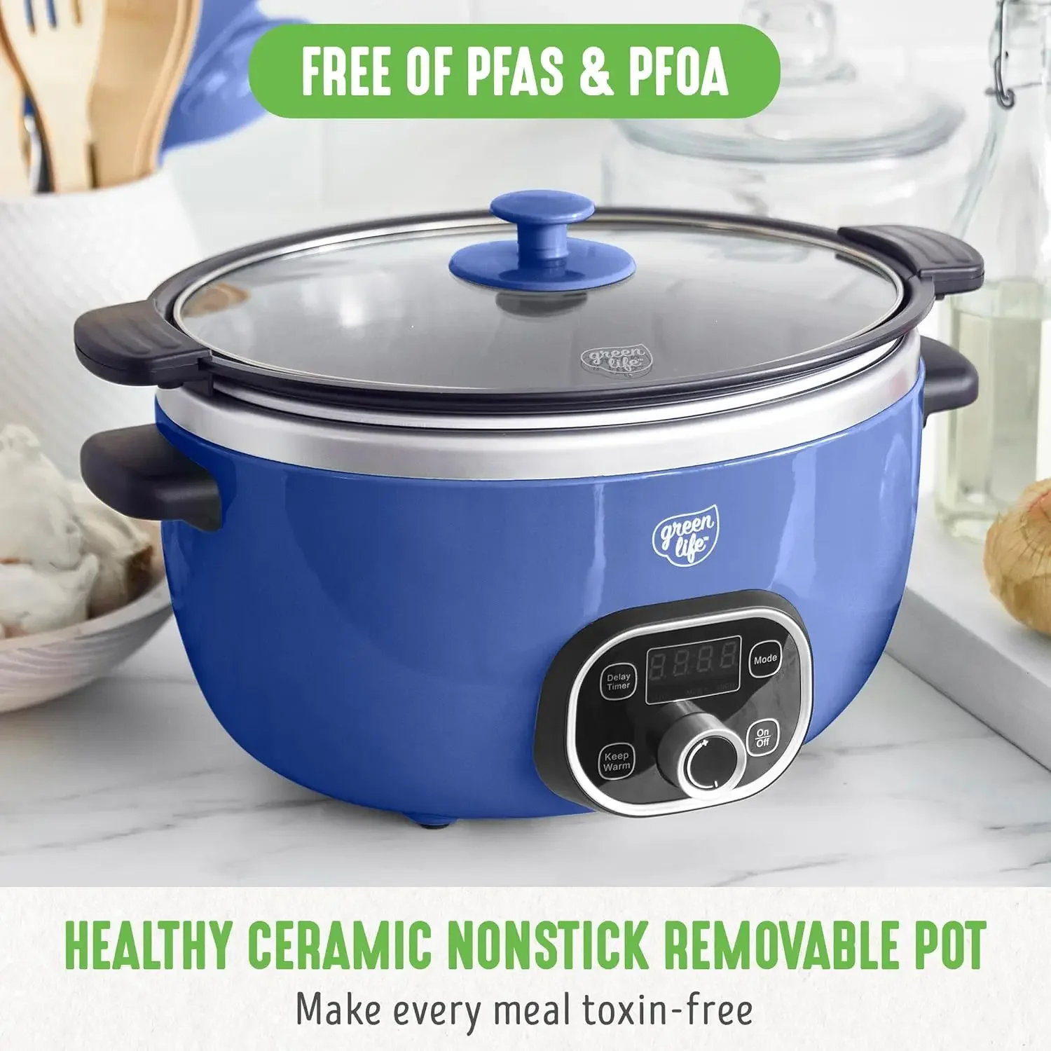 6-Liter-Keramik-Schongarer, PFAS-frei, programmierbarer, abnehmbarer, gesunder Antihaft-Topf für Familienmahlzeiten, zum Anschlagen auf dem Herd, hält Wa