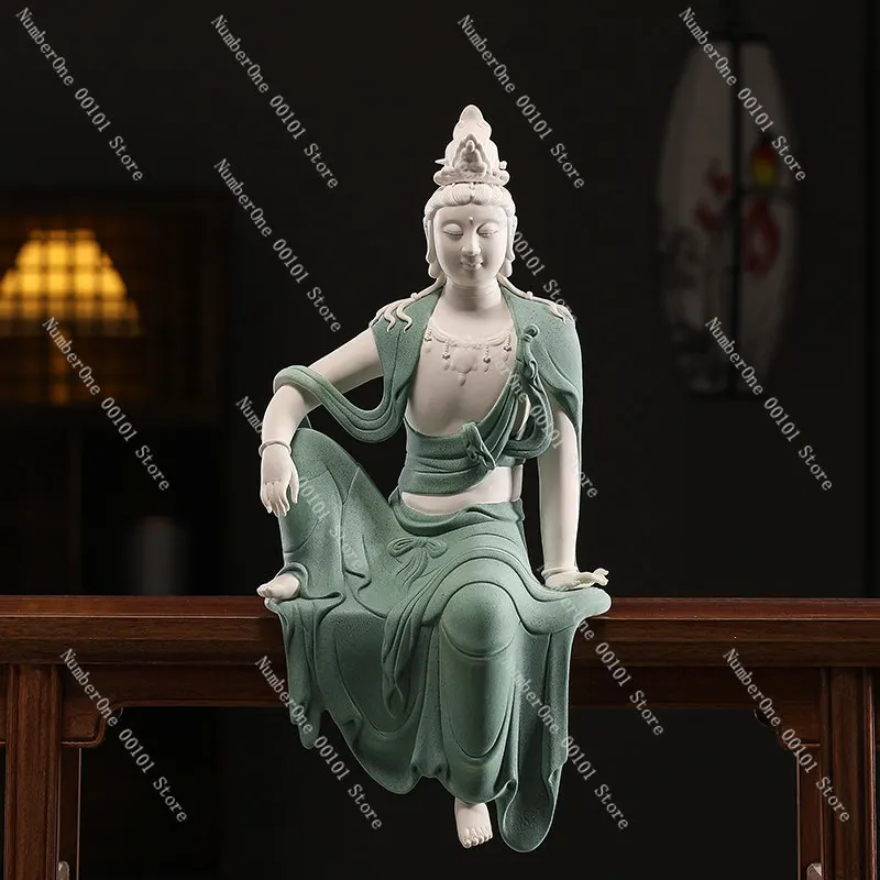 Handmade Ceramic Kwan Yin Statue Free Sitting Guanyin Buddha Sculpture Desktop Porch Decor Ornament