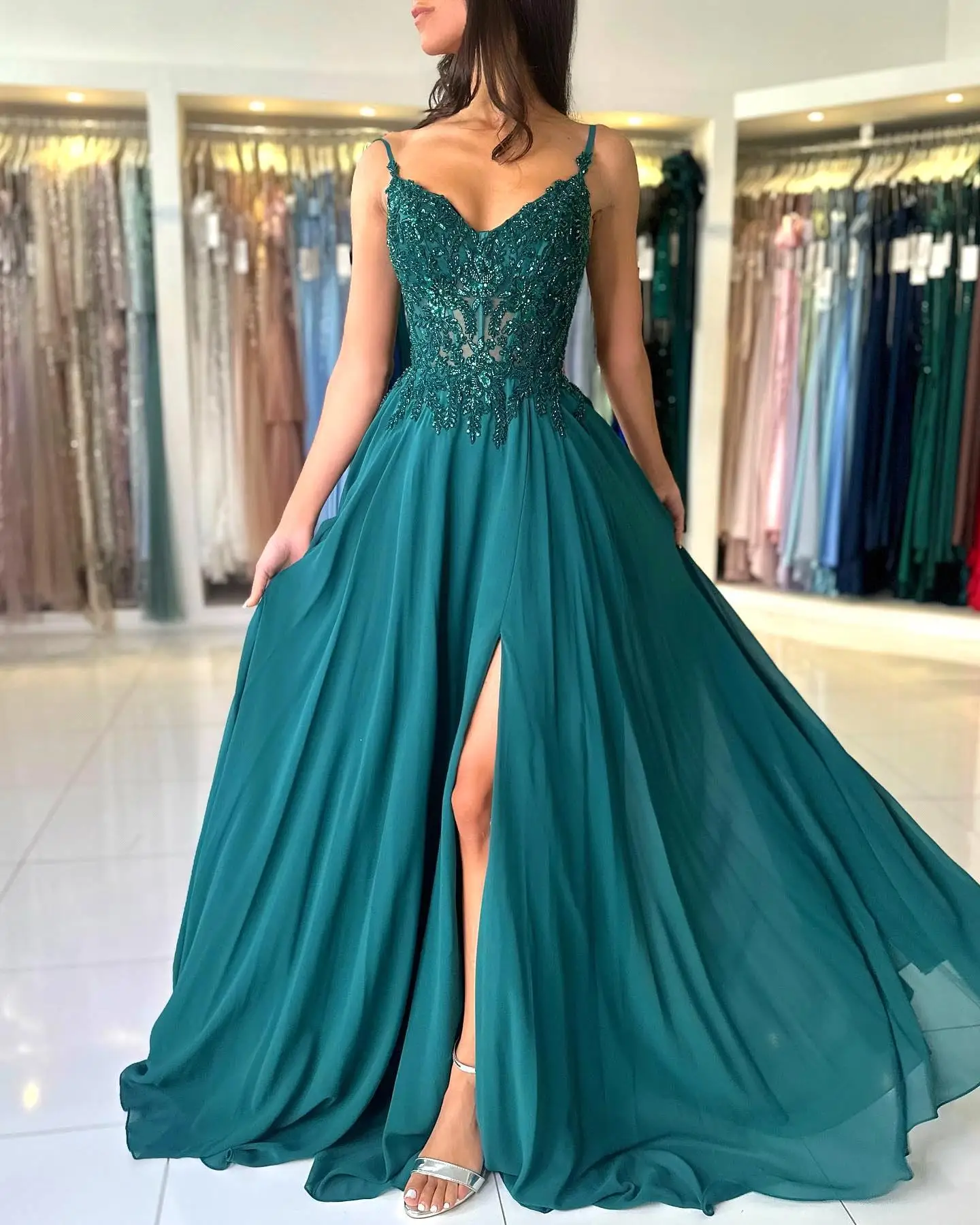 Sunnye 2024 Spaghetti Straps A-line Lace Evening Dress Green Chiffon Prom Gown Elegant Sweetheart Side Slit vestidos de fiesta